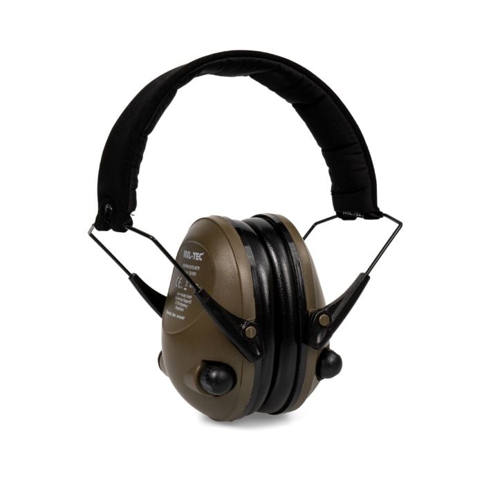 Main image of olive ear defenders showing volume control and headband