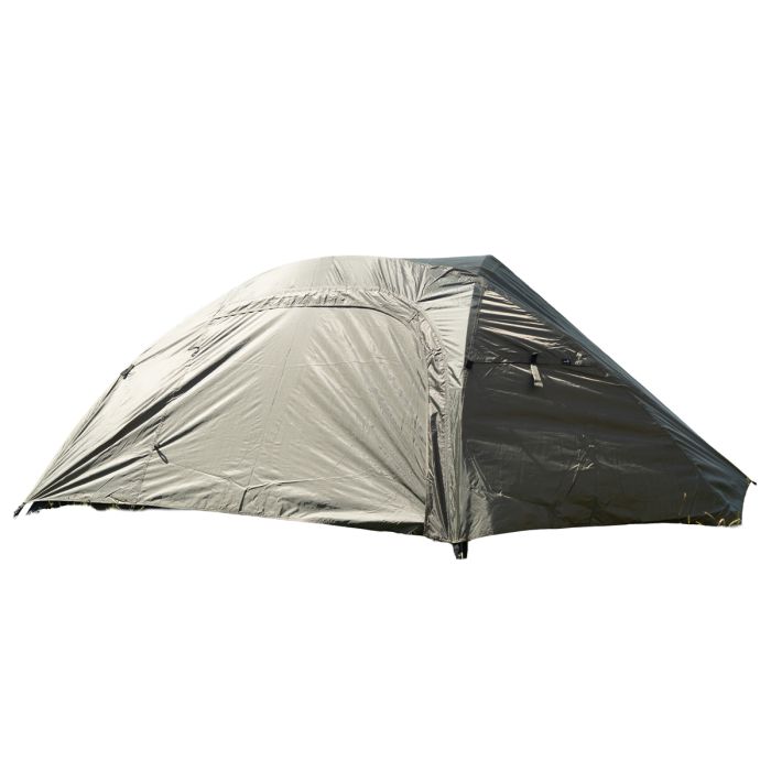 This view shows the Mil-Tec Two-Person Recon Tent in Olive from the front.