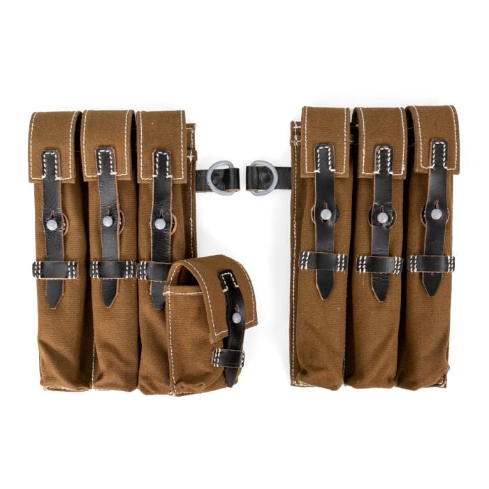 This view shows the front of the MP40 Canvas Ammo Pouch Leather Straps Pair - Dark Khaki