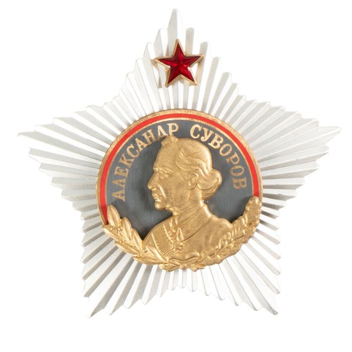 Front view of a WW2 Order of Suvorov 1st Class medal.
