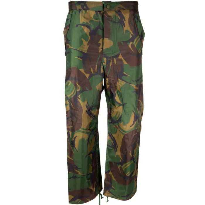 Front view of a pair of Original British Army Rubberised Rain Overtrousers - DPM.