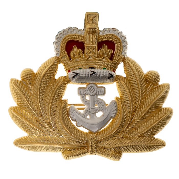 This shows the British Royal Navy Officer Cap Badge from the front.
