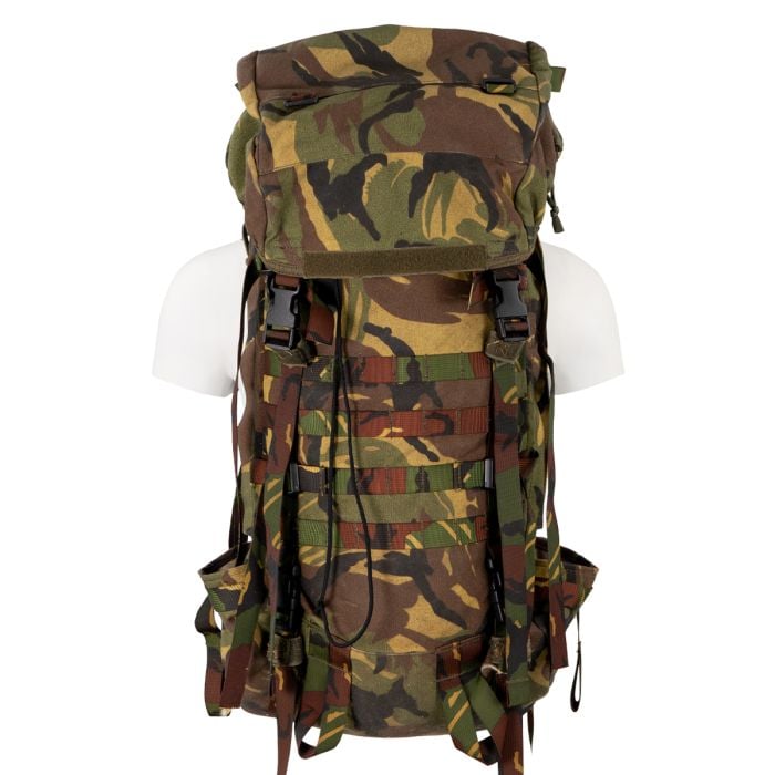 This view shows the front of the Original Dutch Army 60L Rucksack without Pouches - Woodland Camo.