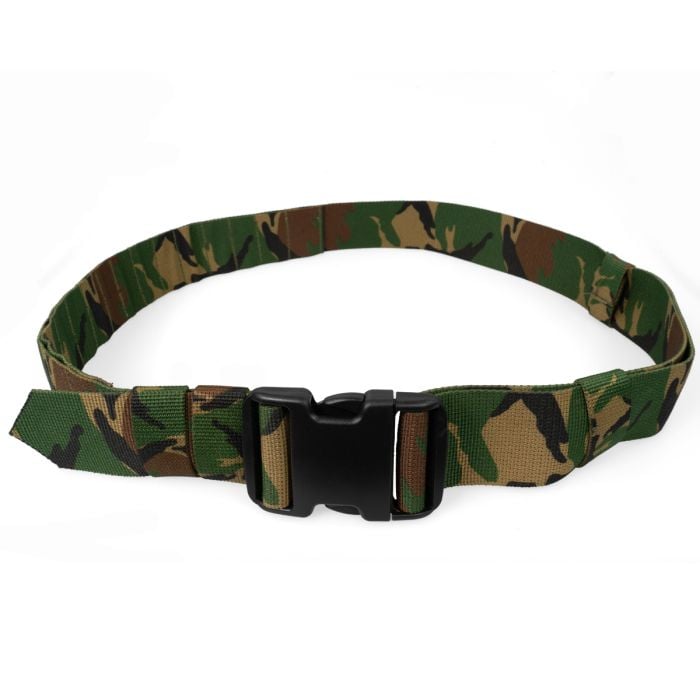 This view shows the front of the Original Dutch Army Belt - Woodland Camo.
