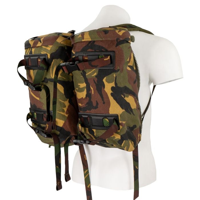 This view shows the Original Dutch Army Day Pack / Side Pouches worn.