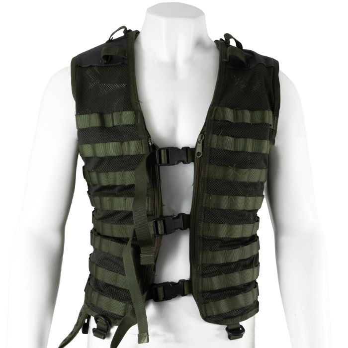 This view shows the front of the Original Dutch Army Molle Vest with Leather - Olive.