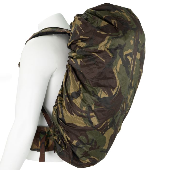 This view shows the front of the Original Dutch Army Rucksack Cover - DPM Camo.