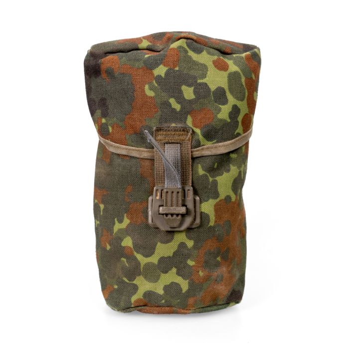 This view shows the front of the Original German Water Canteen Pouch - Flecktarn Camo.