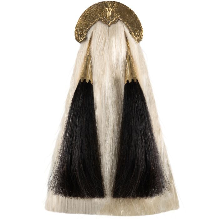 Front view of an Original Royal Scottish Sporran without Strap, showcasing all of the main features of the item - white horsehair body, black horsehair tassels and the Celtic design brass cantle.