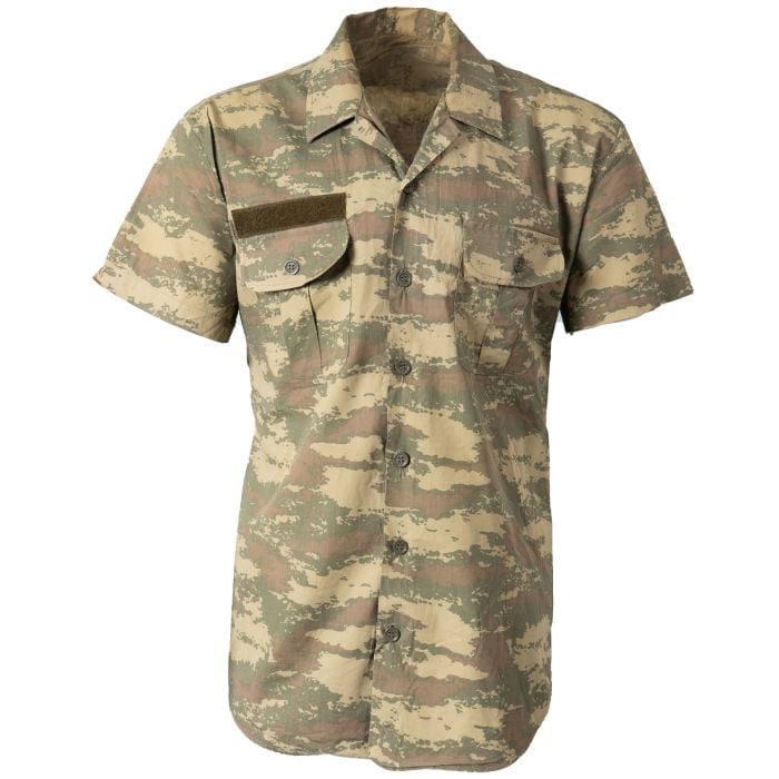 This view shows the front of the Original Tubitak Turkish Army Camo Short-Sleeve Field Shirt. 