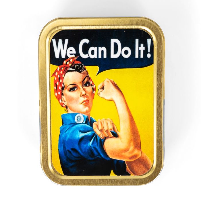 This view shows the front of the Rosie Riveter Metal Tin