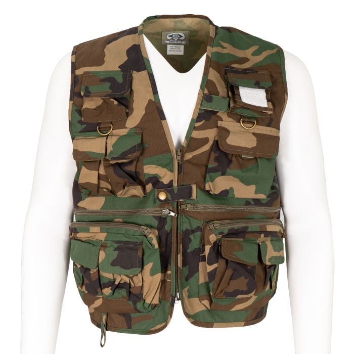 This view shows the front of the Rothco Uncle Milty Utility Vest - Woodland Camo.