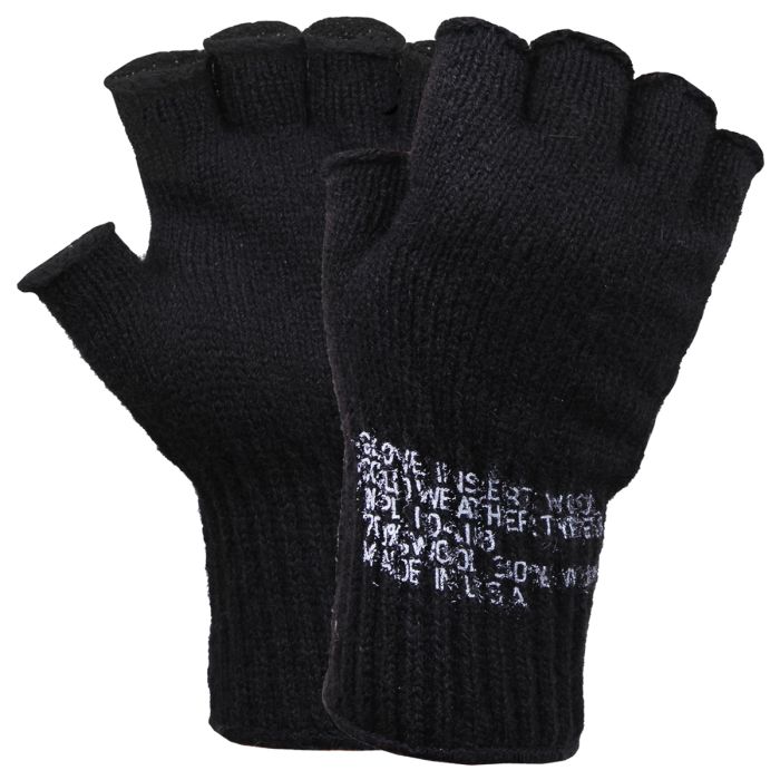 This view shows the US GI Fingerless Wool Gloves in Black from both sides.