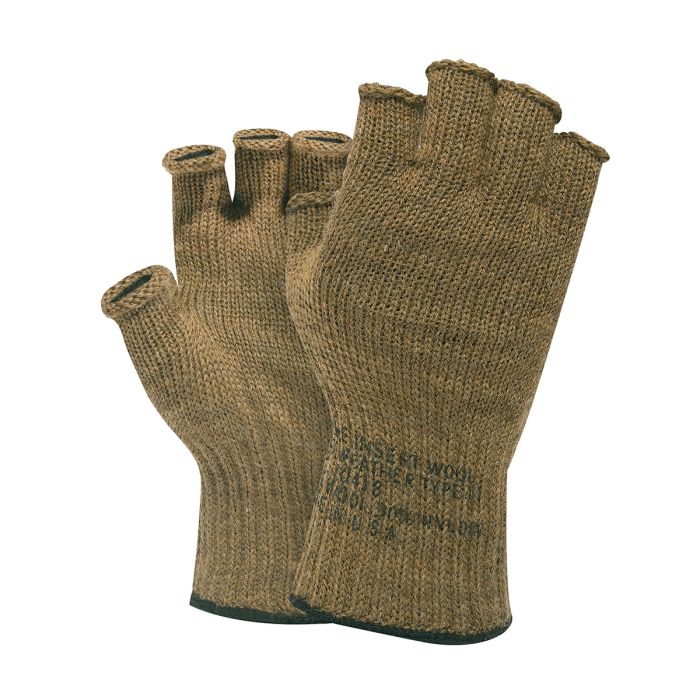 This view shows the US GI Fingerless Wool Gloves in Coyote from both sides.