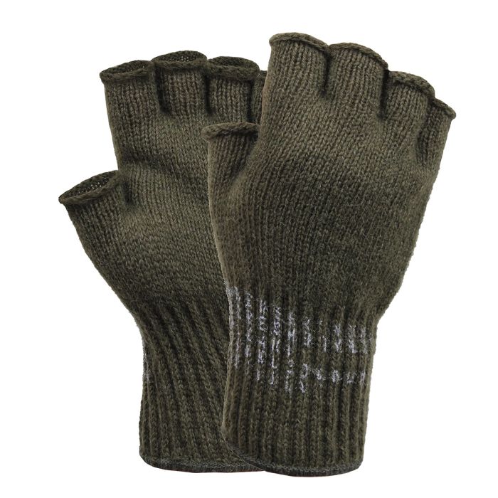 This view shows the US GI Fingerless Wool Gloves in Olive from both sides.
