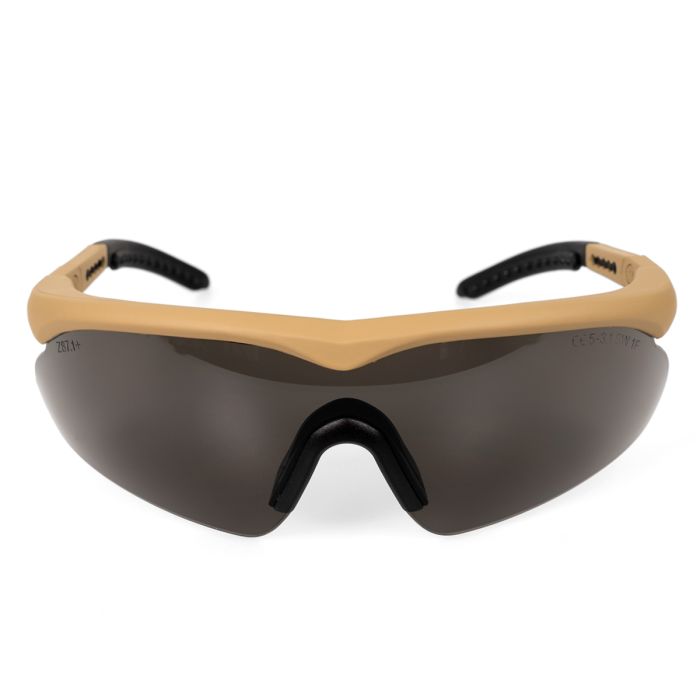 This view shows the front of the Swiss Eye 'Raptor' Ballistic Glasses - Coyote Frame.