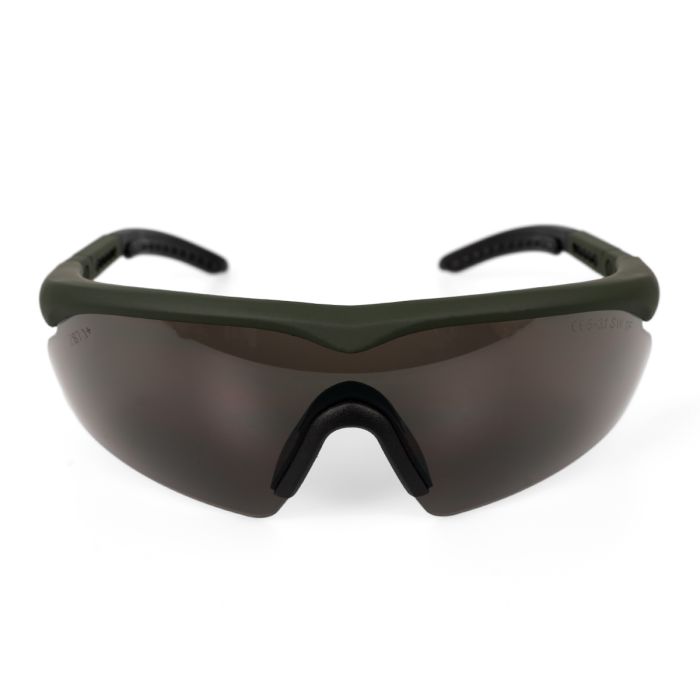 This view shows the front of the Swiss Eye 'Raptor' Ballistic Glasses - Olive Frame