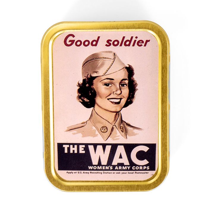 This view shows the front of The WAC Metal Tin