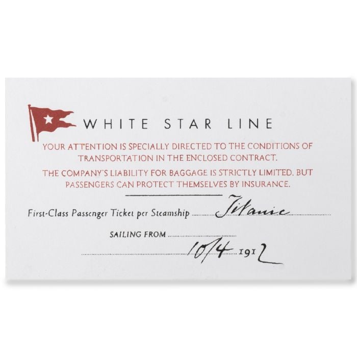 This view shows the front of the Titanic 1st Class Ticket. 