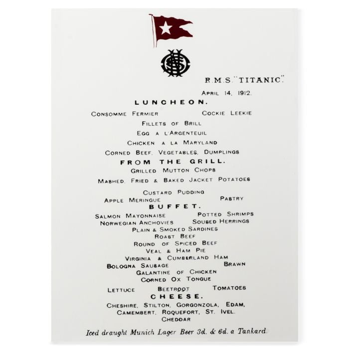 This view shows the front of the Titanic 1st Class Menu.