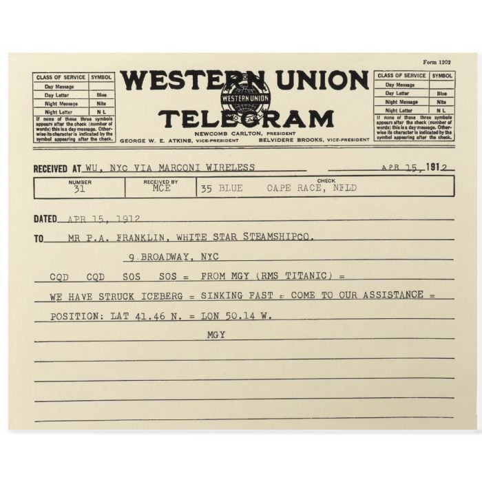This view shows the front of the Titanic Sinking Telegram.