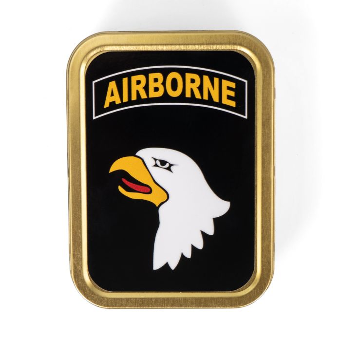 This view shows the front of the US 101st Airborne Metal Tin.