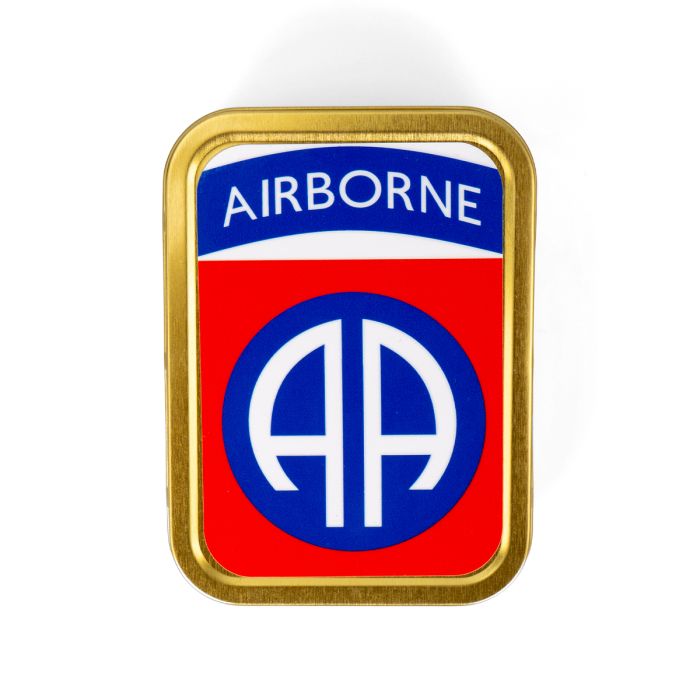 This view shows the front of the US 82nd Airborne Metal Tin.
