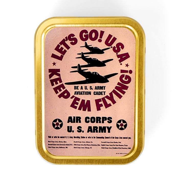 This view shows the front of the US Army Air Corps Let's Go USA Metal Tin.