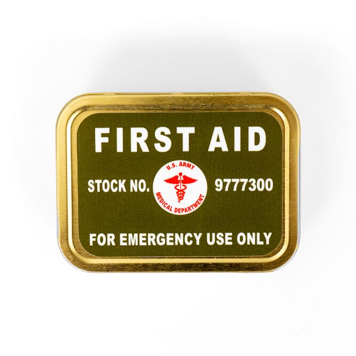 This view shows the top of the US Army First Aid Metal Tin