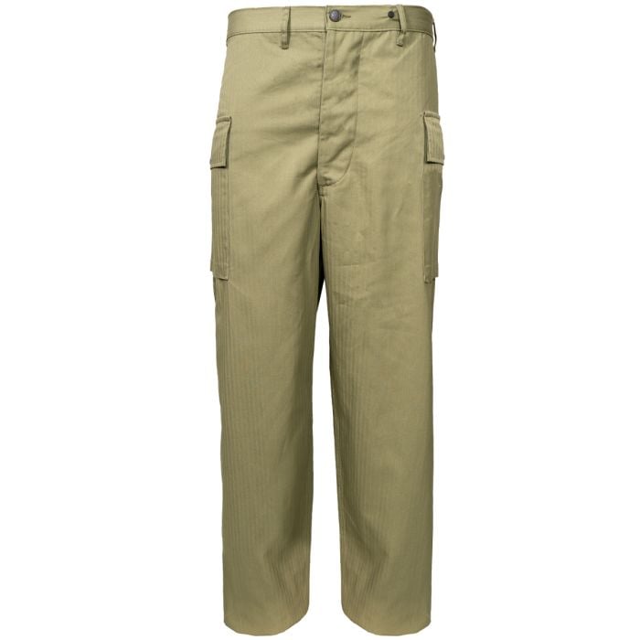 This view shows the front of the US WW2 1st Pattern OD3 HBT Trousers.