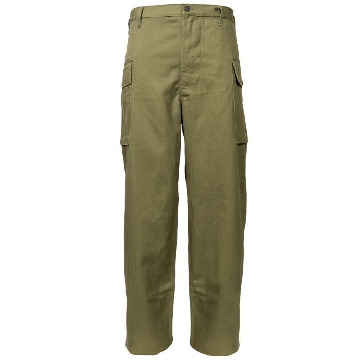 A front view of a pair of US WW2 2nd Pattern OD7 HBT Trousers.