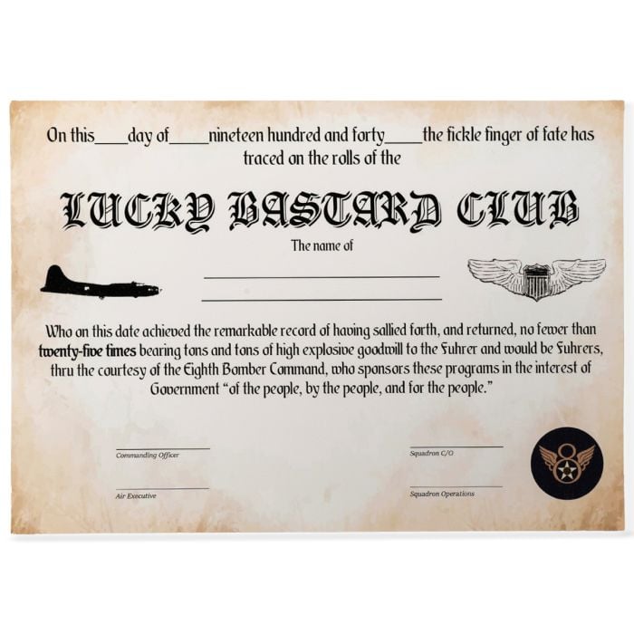 This view shows the front of the US WW2 Lucky Bastard Club Certificate.