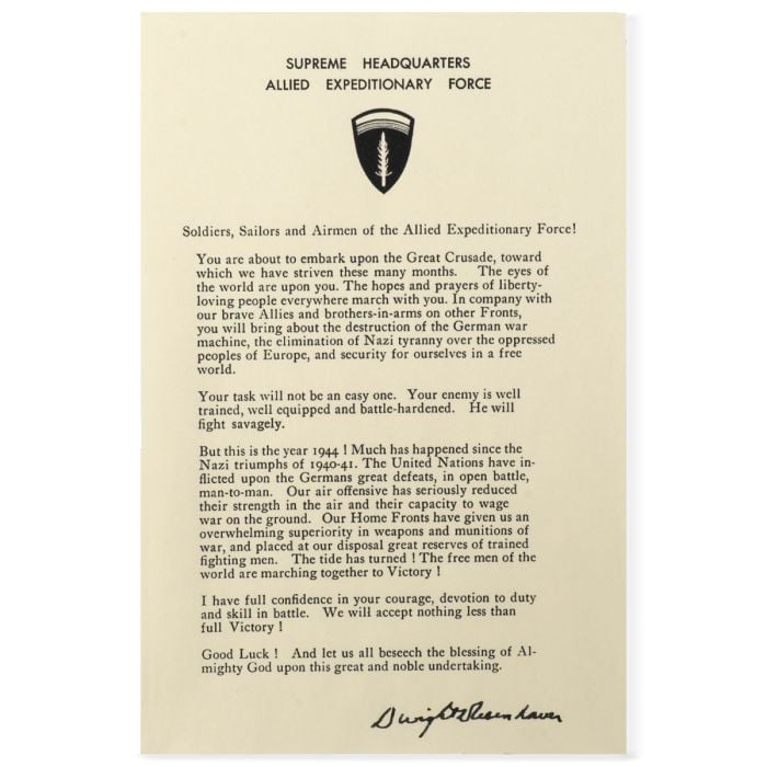 This view shows the front of the US WW2 President Eisenhower D-Day letter.