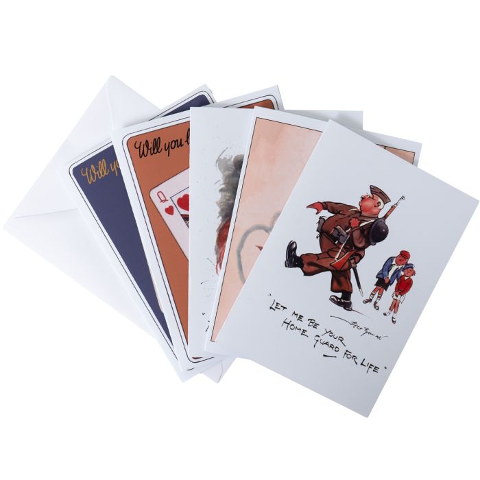 A front view of five Valentine's Day cards, featuring different designs and backed by an envelope.