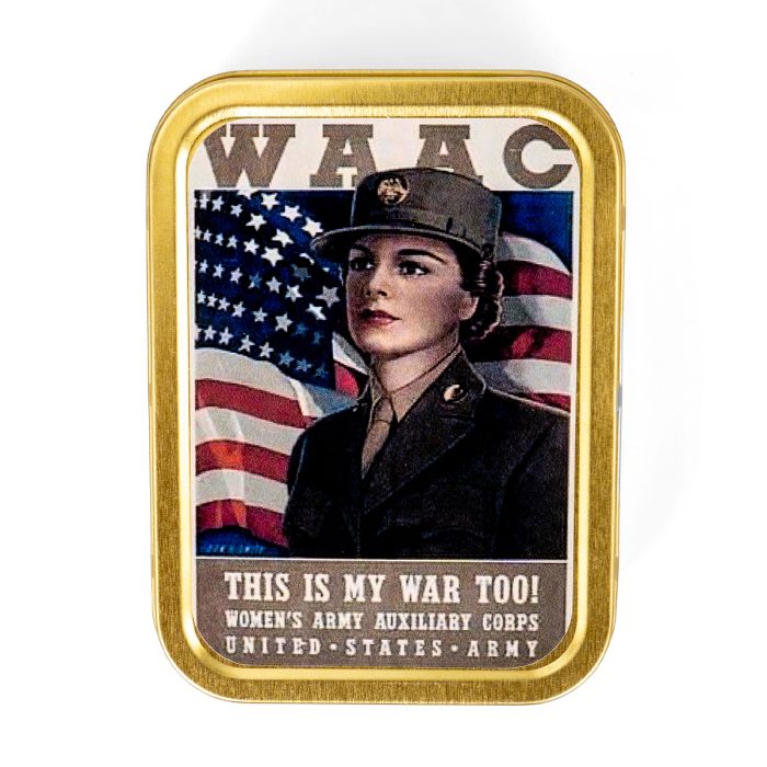 This view shows the front of the WAAC Metal Tin