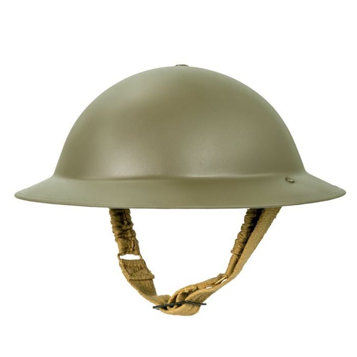 This view shows the front of the WW2 British Brodie Helmet - Late War Green.