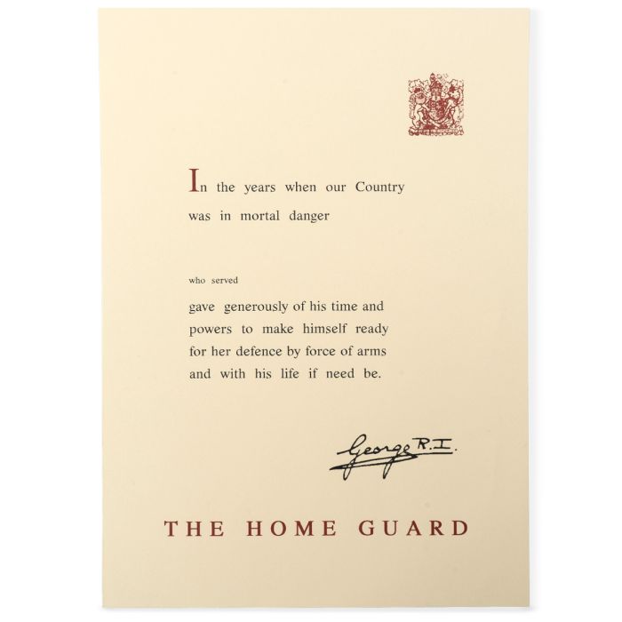This view shows the front of the WW2 British Home Guard Certificate.