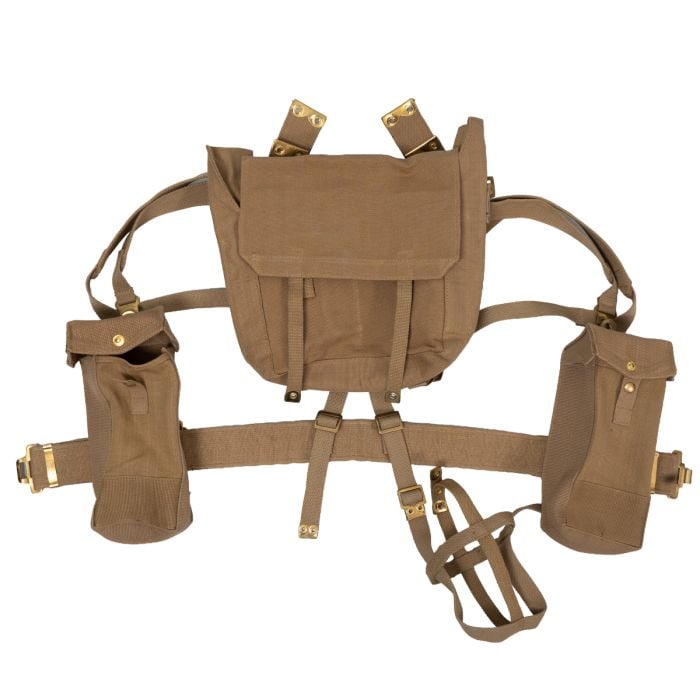 This view shows all compartments of the WW2 British 1937 Webbing Set in Khaki.
