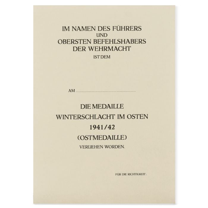 This view shows the front of the WW2 German Eastern Front Medal Certificate.