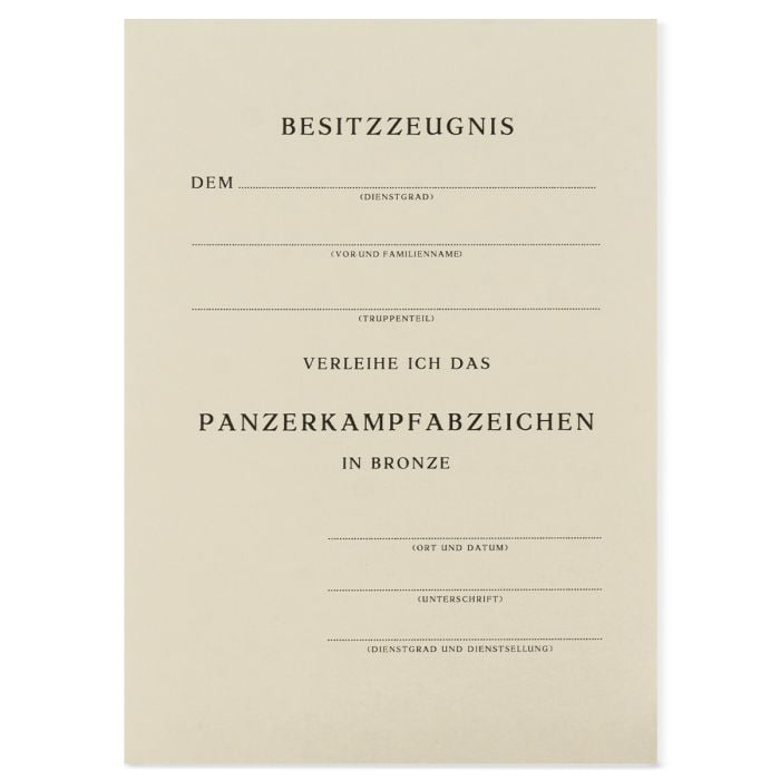 This view shows the front of the bronze WW2 German Panzer Assault Certificate.