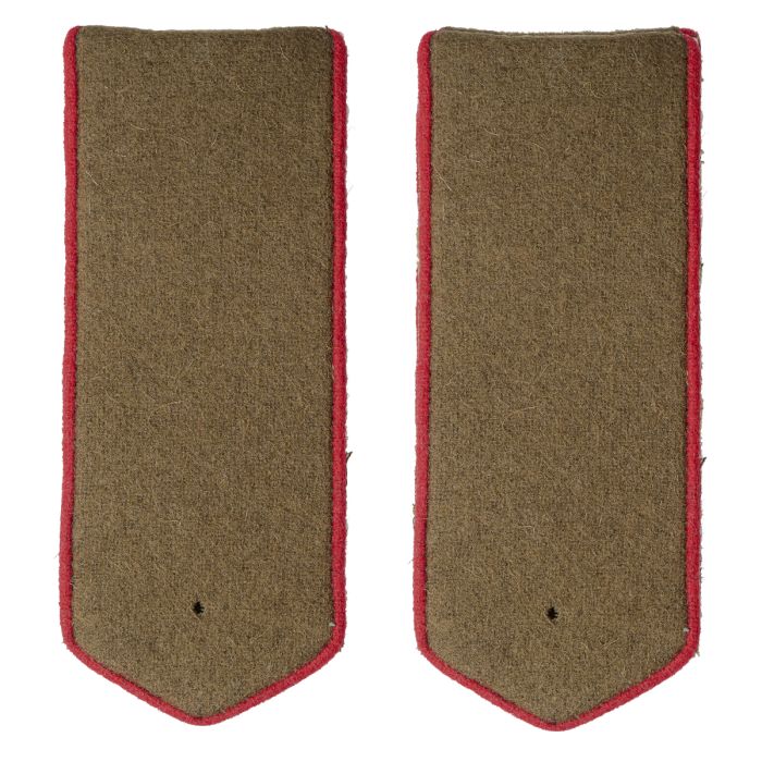 This view shows the WW2 Russian EM Red Piped Shoulder Boards Artillery - Imperfect from the front.