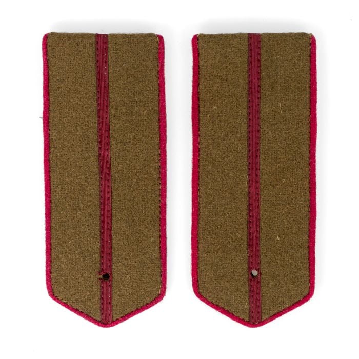 This shows the top view of WW2 Russian Junior Officer Shoulder Boards. Red stripe indicates rank.