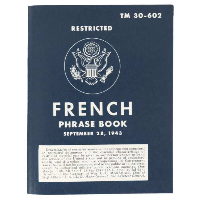 This view shows the front of the WW2 US Soldiers Basic French Phrase Book