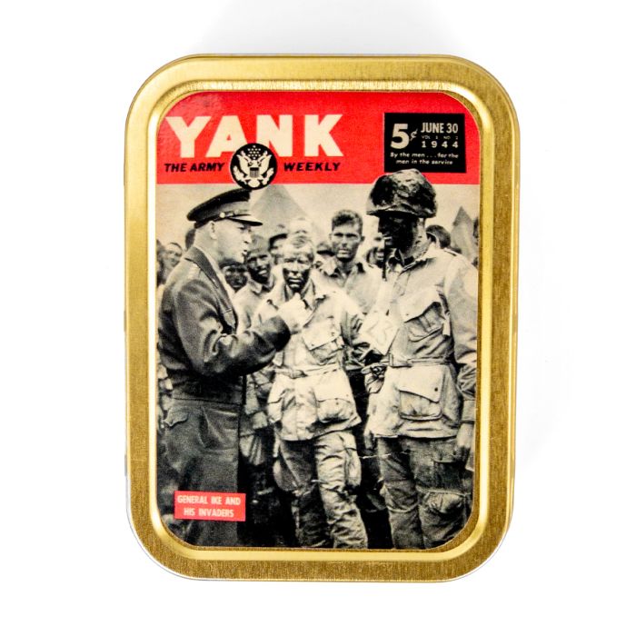 This view shows the front of the WW2 Yank Magazine June 30th 1944 Metal Tin.