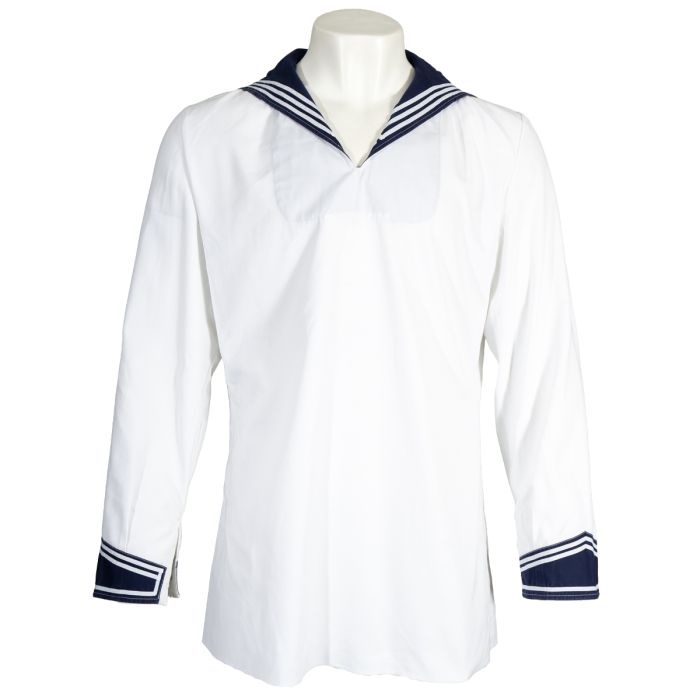 Front view of white Original Navy Top with dark blue collar