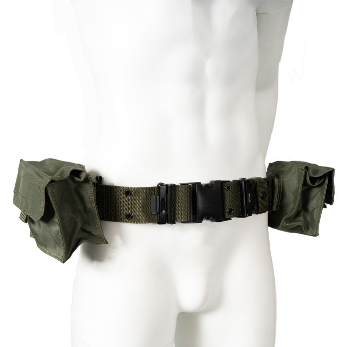 This view shows the front of the ALICE System LC2 Pistol Belt with Italian Army Pouches - Olive Green.