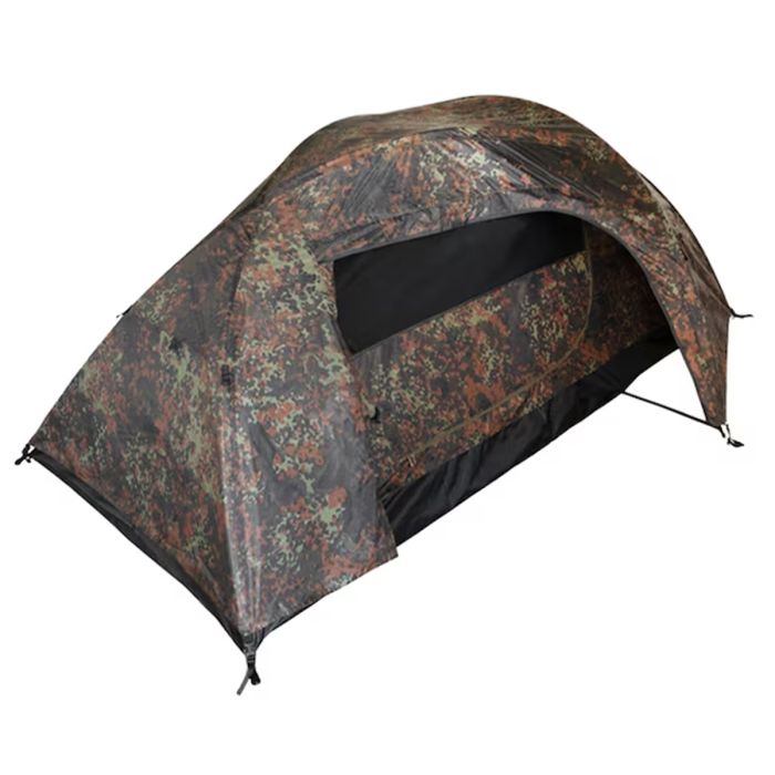 This view shows the Mil-Tec Two-Person Recon Tent in Flecktarn camo from the front-left.