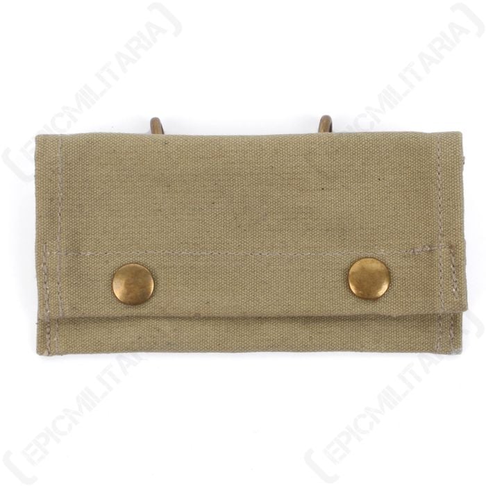 Front view of khaki canvas American First Aid Pouch with brass popper buttons