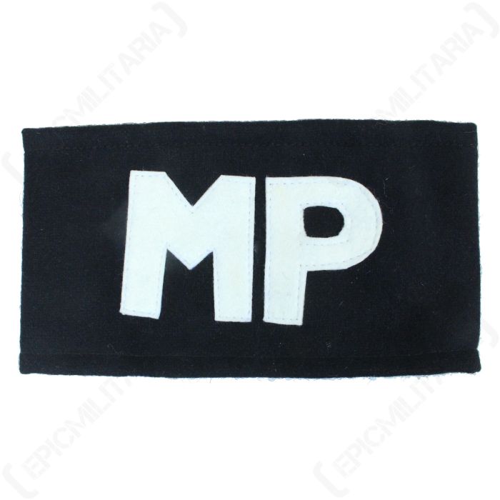 Front of black fabric American MP Armband with MP in white in the middle