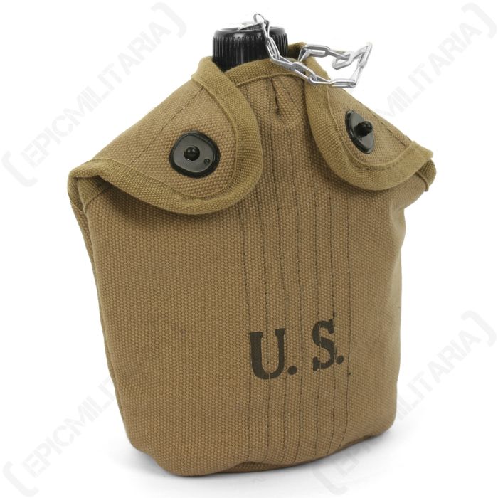 Front view of khaki canvas American Water Bottle and Cover with U.S. stamped in black on the front, with two popper style button closures at the top